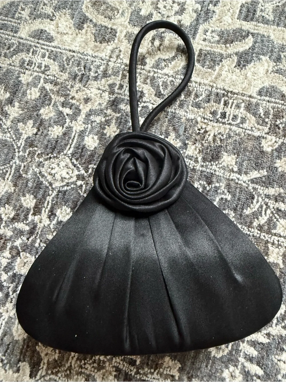 Black Satin Pleated Rosette Evening Clutch